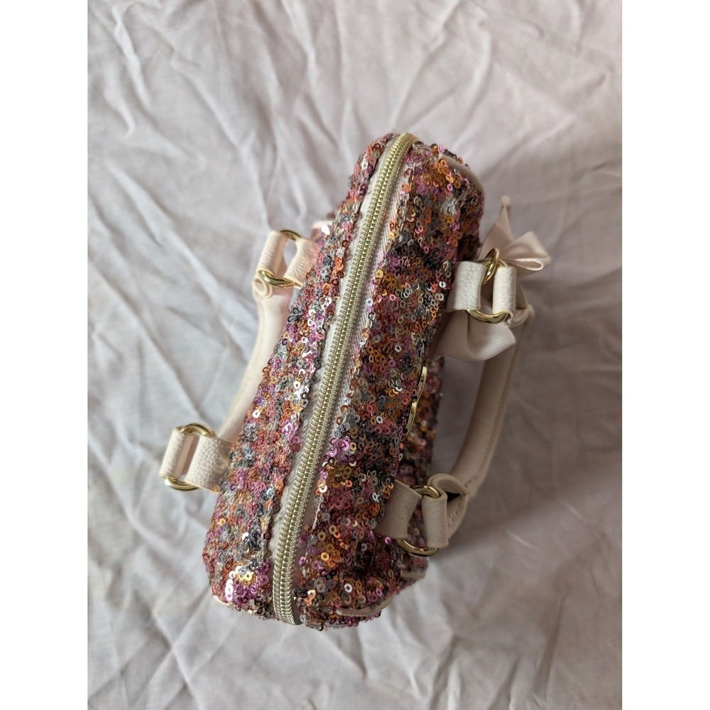 Betsey Johnson Sequin Bow Heart Charm Satchel Handbag Pink Gold Multi Color - Picture 2 of 6